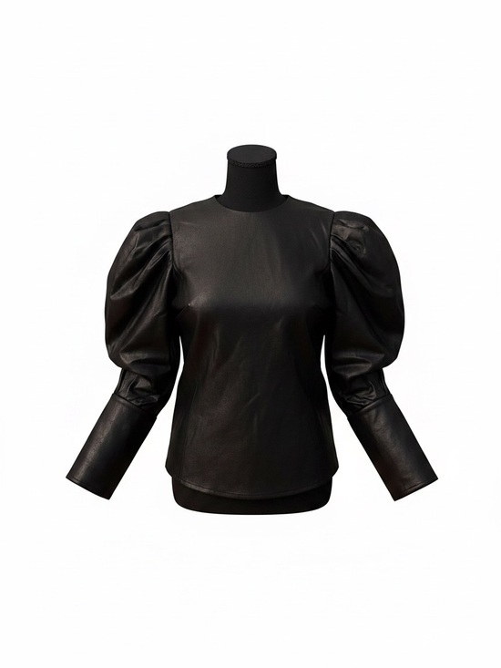 Gracia Tops - Garcia Black Puff-Sleeve Vegan Leather Top
